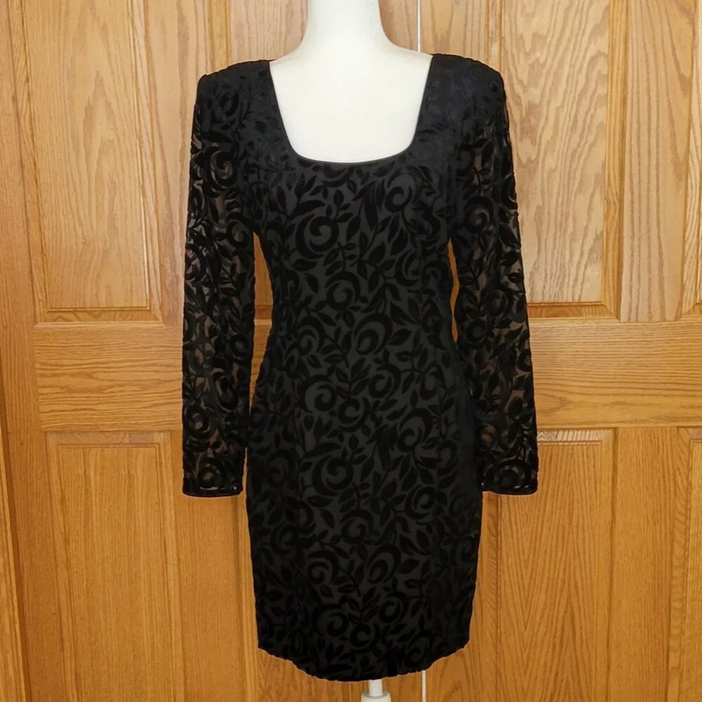 Vintage 90s Black Velvet Burnout Floral Cocktail Dress | Long Sleeve Sheer Y2K